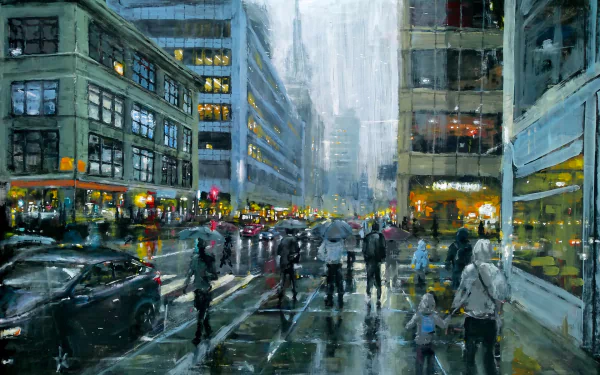 Artistic HD city street scene in rain, capturing reflections and bustling urban life with pedestrians and glowing lights, creating a vivid desktop wallpaper background.