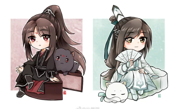 Chibi-style characters from the anime The Scum Villain's Self-Saving System with two figures seated, one in dark robes with a black cat and the other in white robes with a white cat, HD desktop wallpaper.