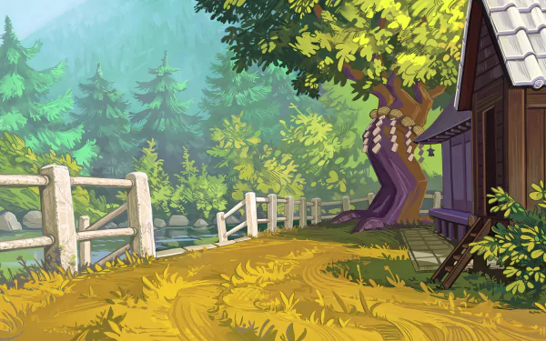 Anime-style Touhou scenery: sunlit forest path beside a wooden house and fence, lush trees and distant mountains — 4K Ultra HD PC desktop wallpaper background.