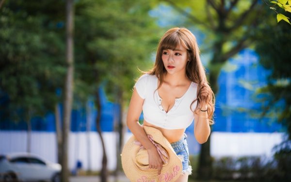 Women Asian Hat Model Depth Of Field Brunette Smile Long Hair HD Wallpaper | Background Image