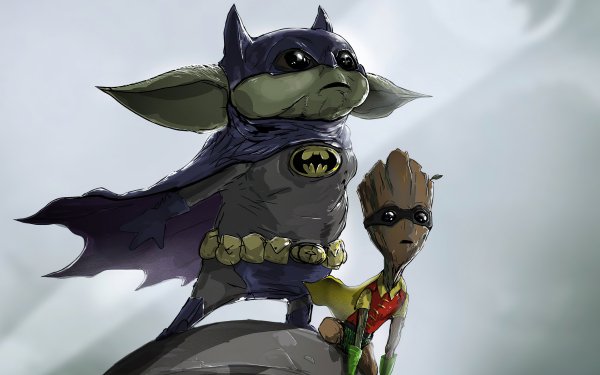 Comics Crossover Baby Groot Baby Yoda Batman Robin Grogu HD Wallpaper | Background Image