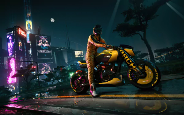 A cyberpunk-style futuristic motorcycle with rider in neon-lit cityscape from the video game Cyberpunk 2077, showcased as a 4K Ultra HD PC desktop wallpaper.