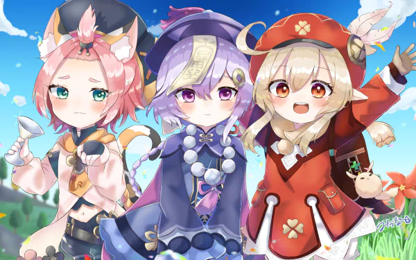 HD PC desktop wallpaper/background featuring Klee, Qiqi, and Diona from the video game Genshin Impact, smiling together on a sunny grassy hill under a bright blue sky.