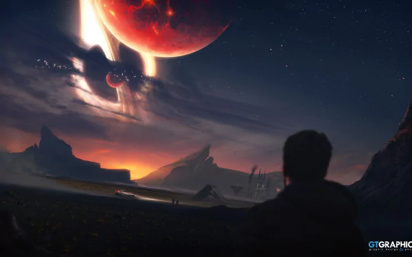 Sci-fi HD PC desktop wallpaper and background: silhouetted figure watches a massive glowing black hole and red planet rise over jagged alien landscapes at dusk.