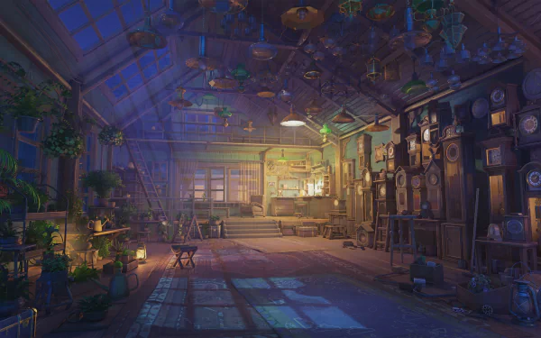 HD desktop wallpaper featuring an anime-style room filled with clocks and illuminated with a soft, warm light. The room includes plants, wooden furniture, and large windows, creating a cozy yet spacious atmosphere.
