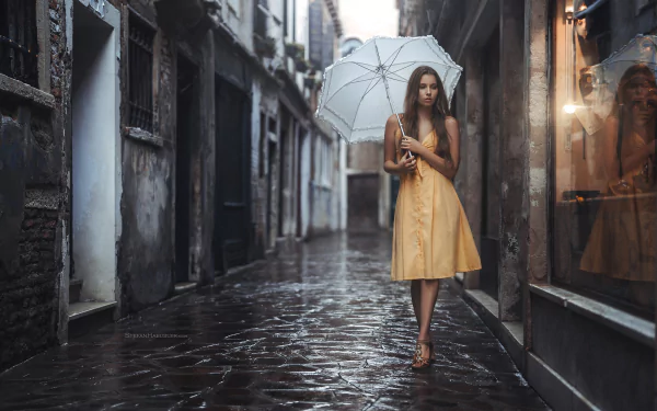 depth of field long hair brunette umbrella yellow dress woman model HD Desktop Wallpaper | Background Image