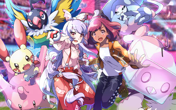 Touhou Pokemon Fujiwara no Mokou Plusle (Pokémon) Hatterene (Pokémon) Gloria (Pokémon) Eiscue (Pokémon) Corsola (Pokémon) Chatot (Pokémon) Anime crossover HD Desktop Wallpaper | Background Image