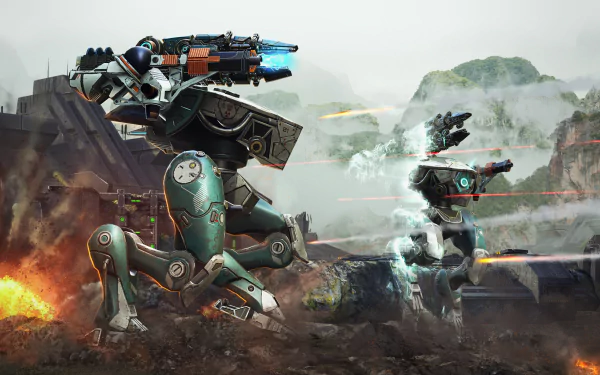 High-definition desktop wallpaper featuring intense combat scenes from the video game War Robots, showcasing dynamic robotic characters in a dramatic landscape.