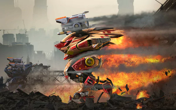 HD desktop wallpaper of War Robots game depicting combat robots in a fiery battlefield.