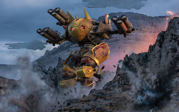 HD desktop wallpaper featuring a War Robot hovering over a rocky landscape amidst clouds of smoke.
