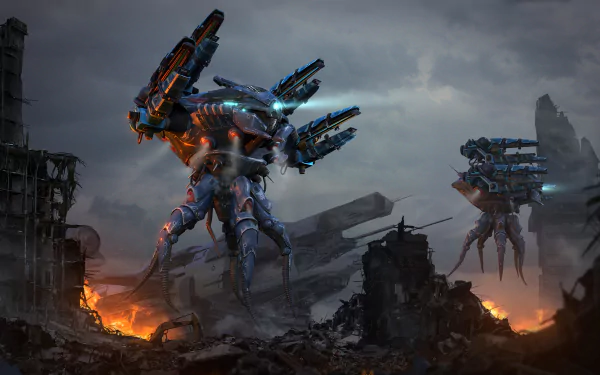 HD desktop wallpaper featuring War Robots amidst a battle in a dystopian landscape.
