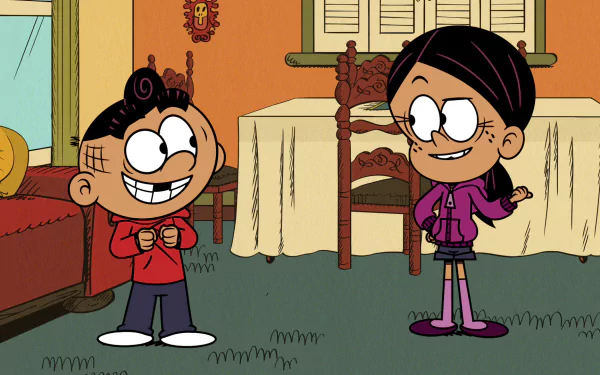 HD wallpaper of Carlino Casagrande from The Loud House, standing with a smile next to another character in a cozy room setting.