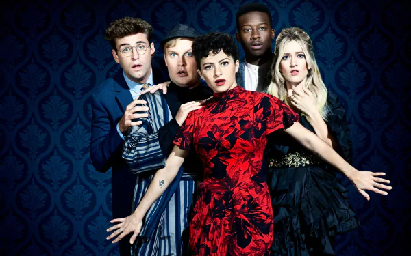 A striking HD desktop wallpaper from the TV show Search Party, featuring the main characters in dramatic poses against a deep blue backdrop.
