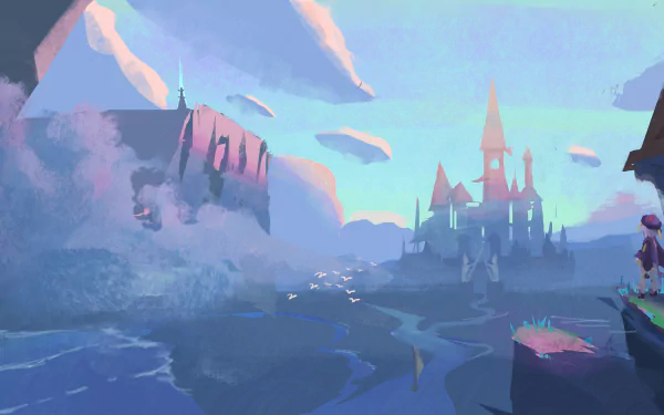 4K Ultra HD desktop wallpaper featuring Qiqi from Genshin Impact, set against a detailed fantasy landscape with castles and mountains under a vibrant sky.