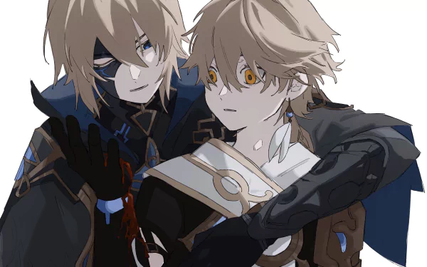 blonde yellow eyes blue eyes Dainsleif (Genshin Impact) Aether (Genshin Impact) video game Genshin Impact HD Desktop Wallpaper | Background Image