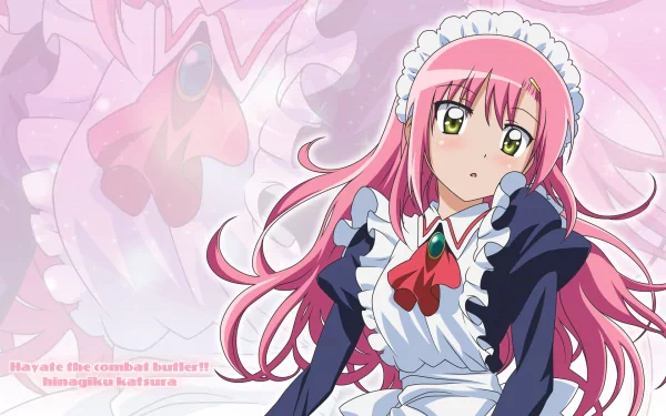 HD PC desktop wallpaper from Hayate the Combat Butler: pink‑haired maid in a navy uniform with white frilled headdress against a soft pink background.