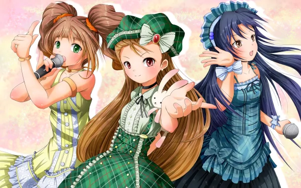 Anime HD PC desktop wallpaper: The iDOLM@STER trio in colorful stage dresses — center in green plaid flashing a peace sign, flanked by singers in yellow and blue holding microphones.