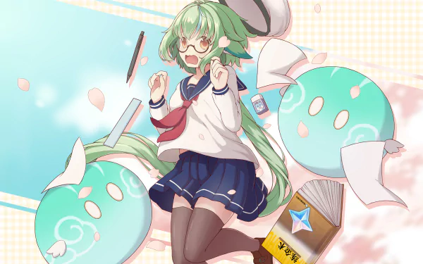 HD PC desktop wallpaper of Sucrose from Genshin Impact, featuring the character in her signature outfit surrounded by floating papers and scrolls.