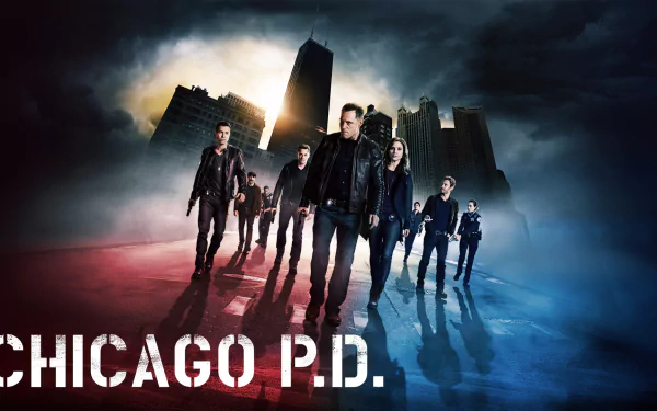 HD desktop wallpaper featuring the cast of Chicago P.D. with Hank Voight in front, set against the city skyline.
