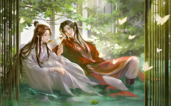 HD anime wallpaper featuring San Lang and Hua Cheng from Crimson Rain Sought Flower and Tian Guan Ci Fu, including His Royal Highness the Crown Prince of Xianle and Xie Lian.