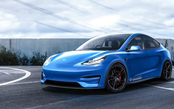 HD wallpaper featuring a blue Tesla Model Y on a road with clouds in the background.