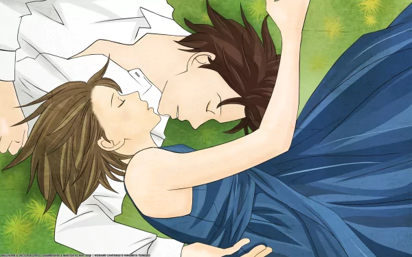 HD PC desktop wallpaper featuring anime characters Noda Megumi and Chiaki Shinichi from Nodame Cantabile lying closely on grass.
