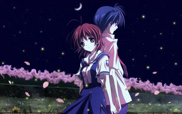 Tomoya Okazaki and Nagisa Furukawa stand back to back under a starlit sky, surrounded by falling petals, capturing a moment from the anime Clannad in this HD desktop wallpaper.
