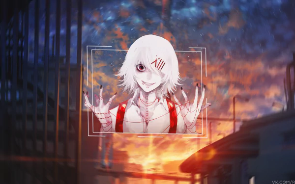 Juuzou Suzuya (Tokyo Ghoul) in a picture-in-picture frame over a 4K Ultra HD sunset cityscape PC desktop wallpaper.