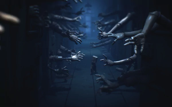 Mono from Little Nightmares II stands in a dark corridor surrounded by eerie, reaching hands in this 4K Ultra HD PC desktop wallpaper from the video game.