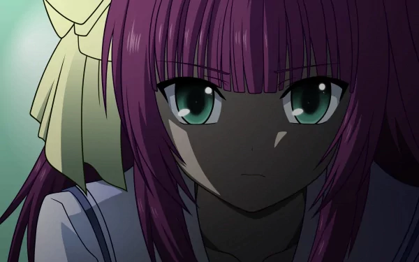 HD anime desktop wallpaper featuring Yuri Nakamura from Angel Beats!, showcasing her intense expression and signature purple hair with a cream-colored bow.