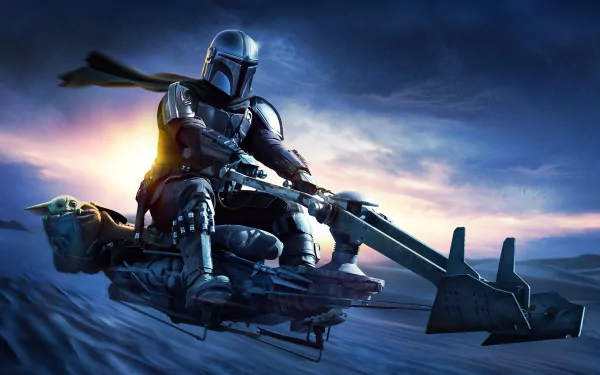 HD PC desktop wallpaper featuring The Mandalorian from the Star Wars TV show, flying on his speeder against a dramatic sky background.
