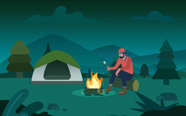 An artistic HD wallpaper depicting a camper sitting by a fire near a tent, surrounded by mountains and trees under a starry night sky.