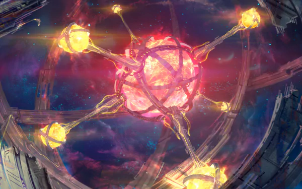HD wallpaper of a conceptual Dyson Sphere, a megastructure capturing energy from a star, set against a vibrant galactic backdrop.