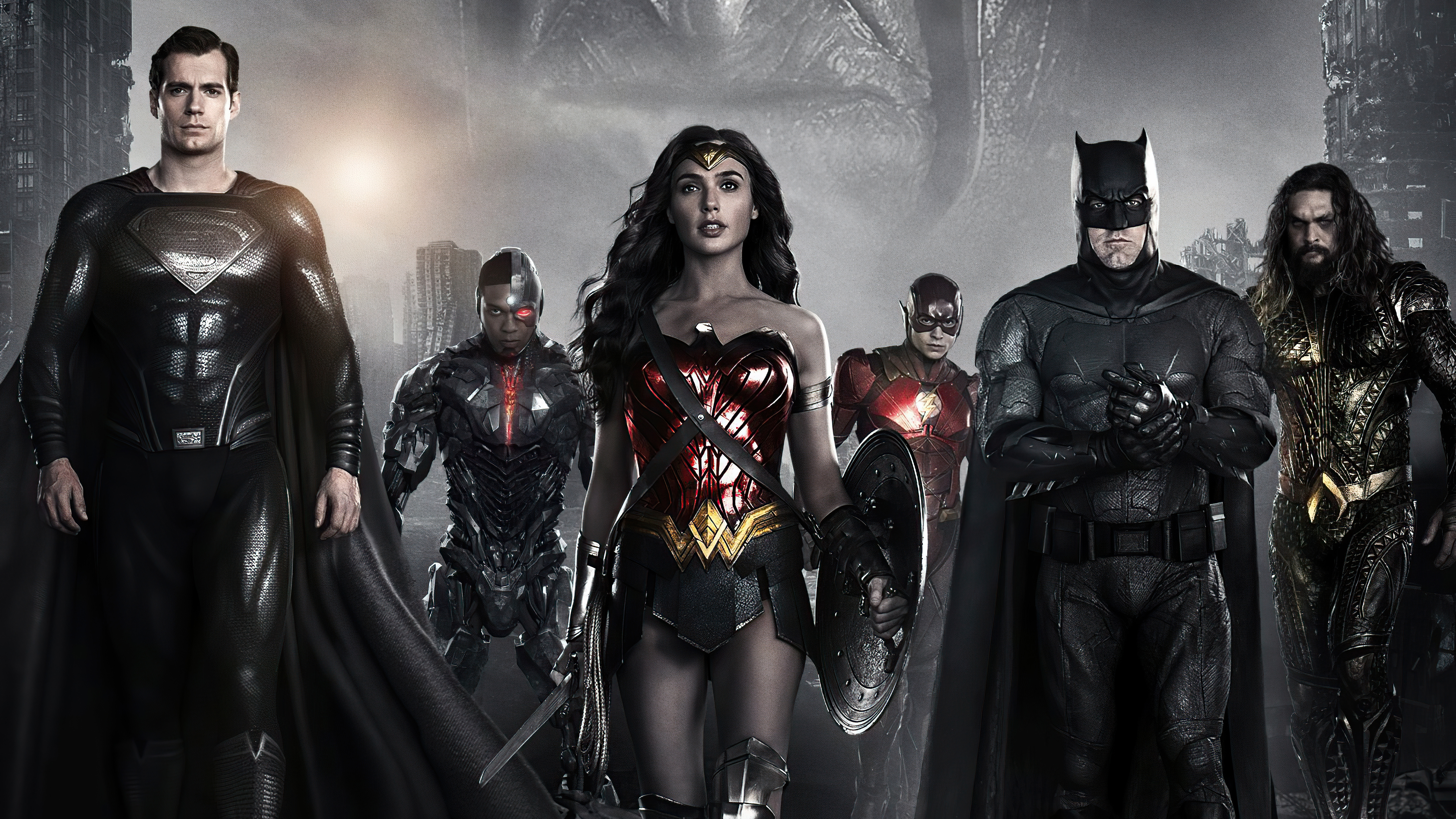 A cinematic poster featuring the superheroes of Zack Snyder's Justice League: Batman, Superman, Wonder Woman, Aquaman, The Flash, and Cyborg.