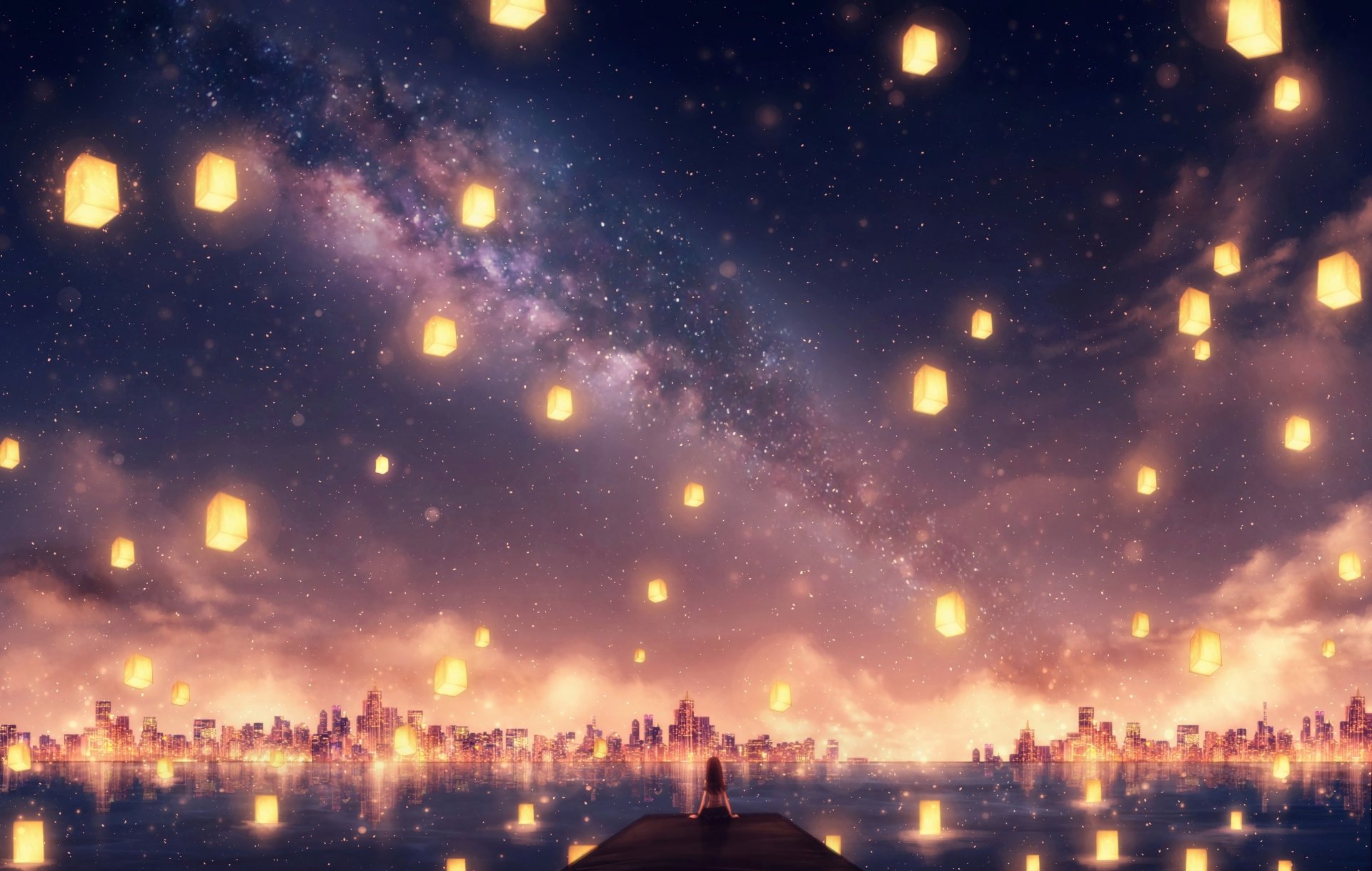 Anime-inspired HD wallpaper showcasing a night sky filled with stars and floating lanterns above a glowing cityscape. A serene figure stands in the foreground, creating a tranquil and immersive atmosphere.