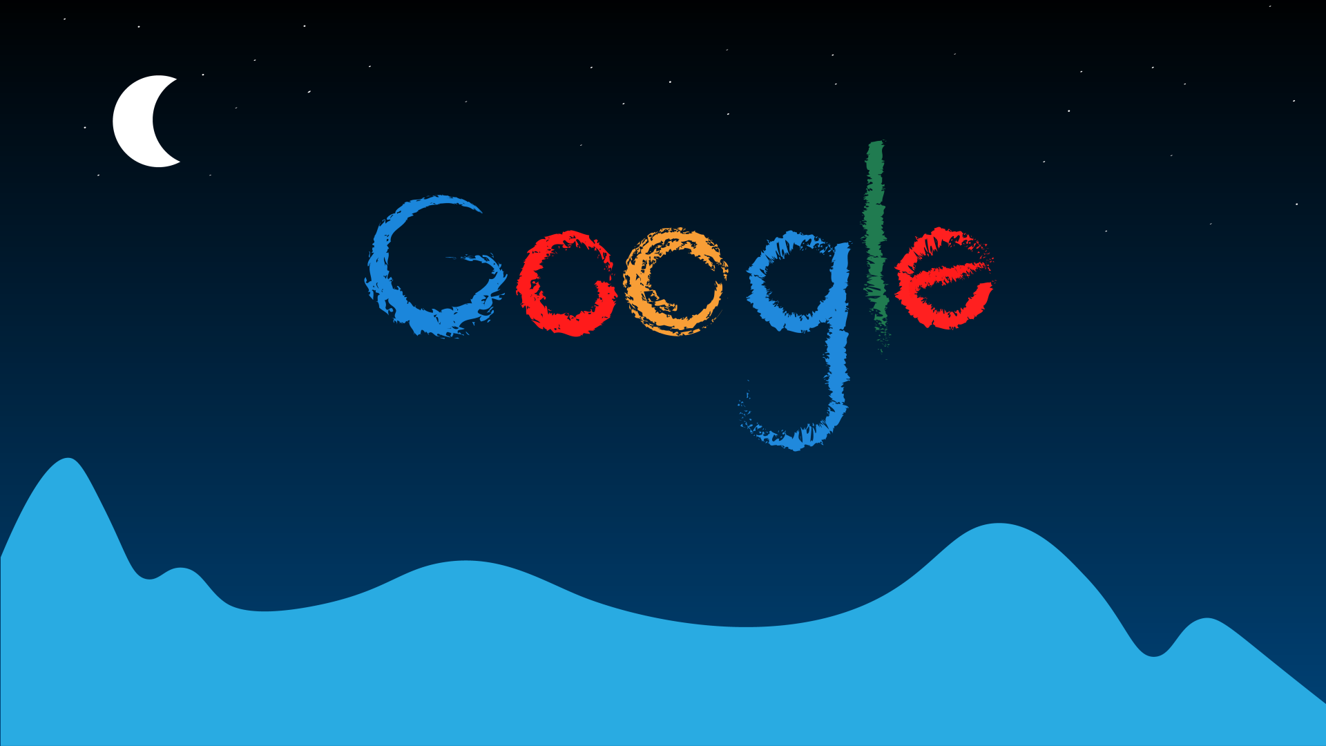 8K Ultra HD desktop wallpaper featuring the Google logo stylized in colorful brush strokes under a crescent moon against a gradient blue background, blending technology and night sky.