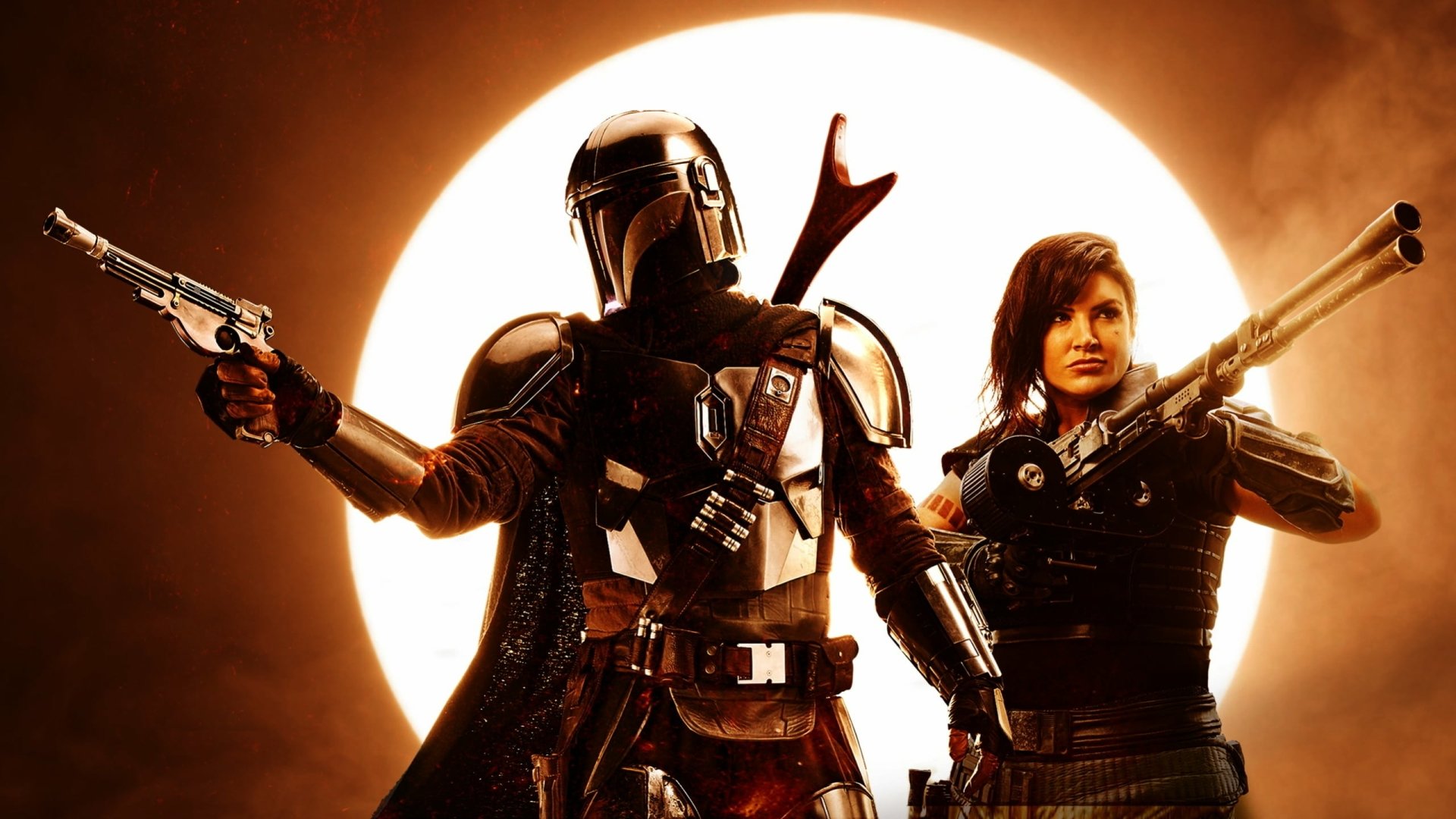 HD desktop wallpaper featuring The Mandalorian and Cara Dune from the Star Wars TV show The Mandalorian, set against a glowing circular background.