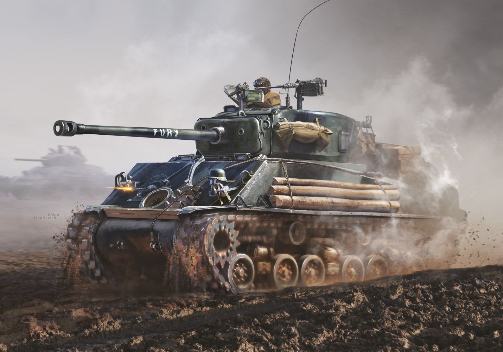 HD PC wallpaper featuring a detailed M4 Sherman military tank advancing through a dusty battlefield.