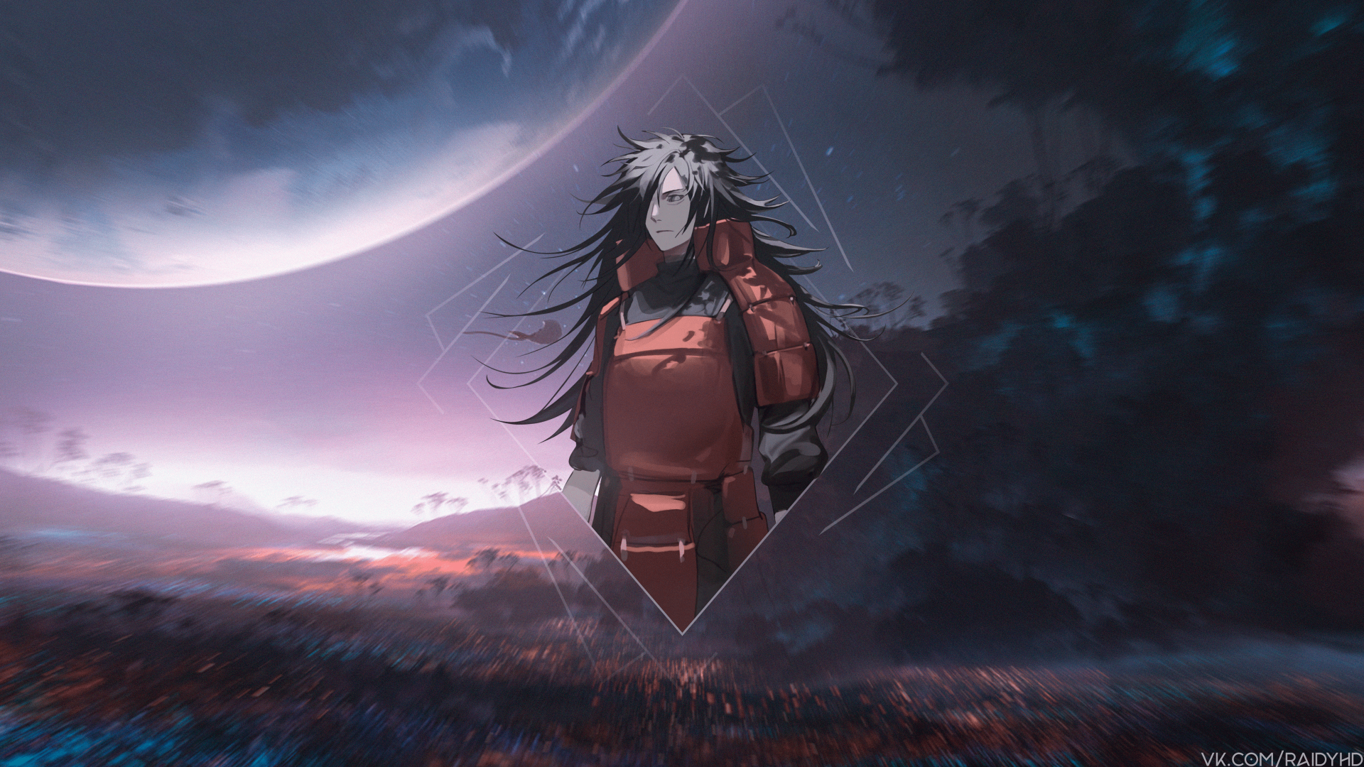 Ultra HD 4K desktop wallpaper featuring Madara Uchiha from the Naruto anime, with a dramatic night sky and moon backdrop in a picture-in-picture style.