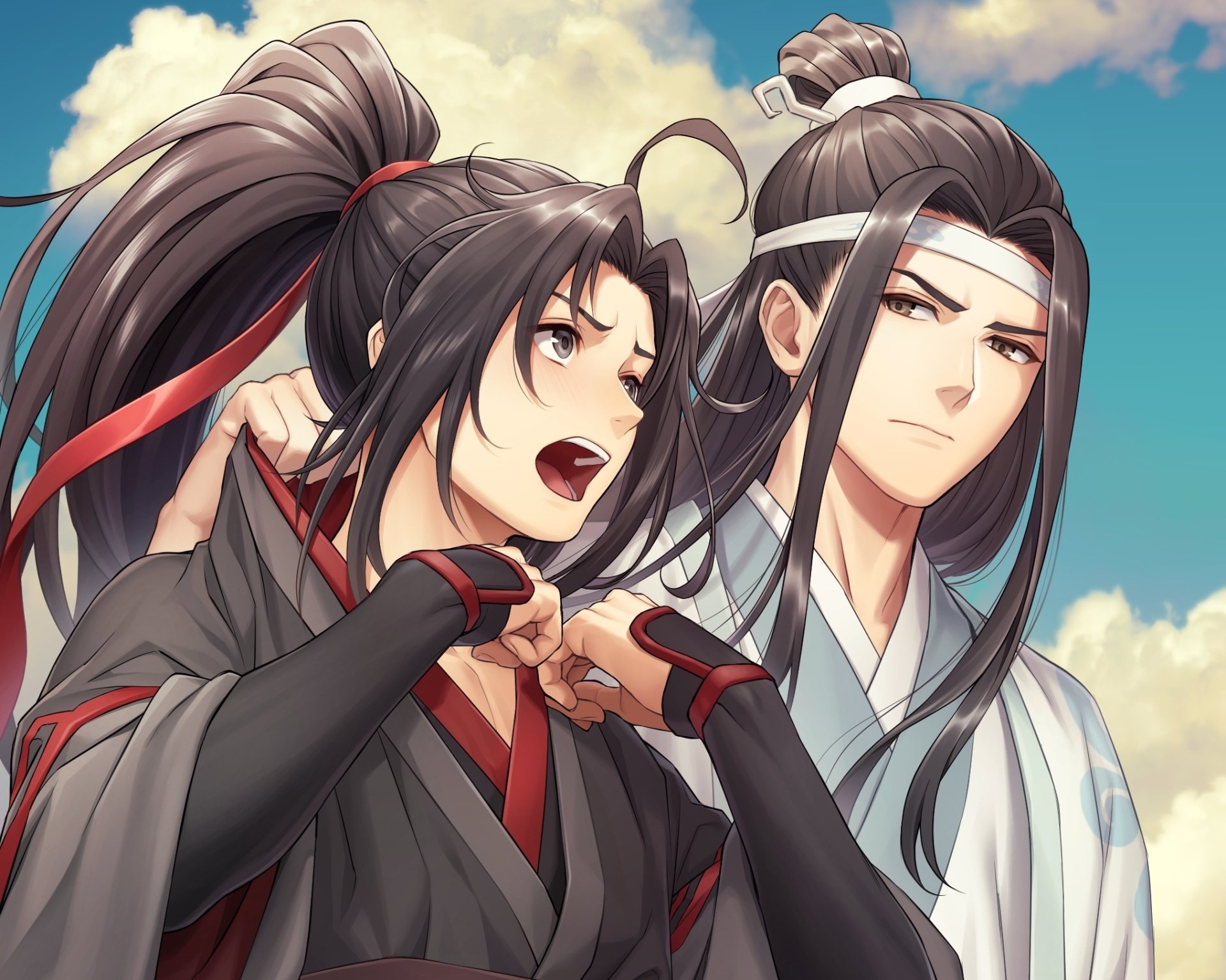 HD PC desktop wallpaper of Wei Wuxian and Lan Wangji from Mo Dao Zu Shi — Wei Wuxian teasingly grabs Lan Wangji's collar, stoic expression, anime style with blue sky background.