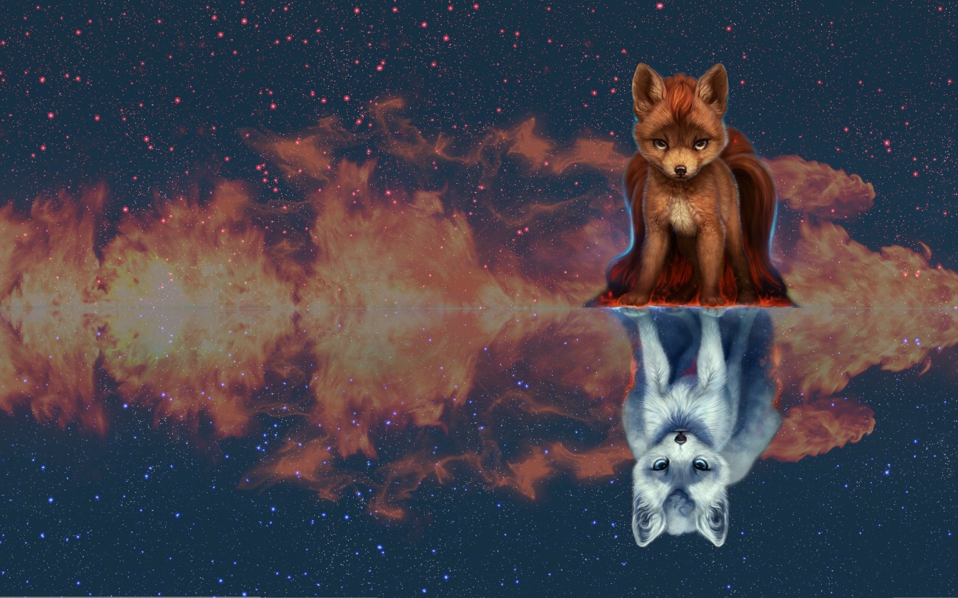 HD PC desktop wallpaper featuring Eevee from Pokémon with its reflection resembling a wolf, set against a starry, cosmic anime-style background.