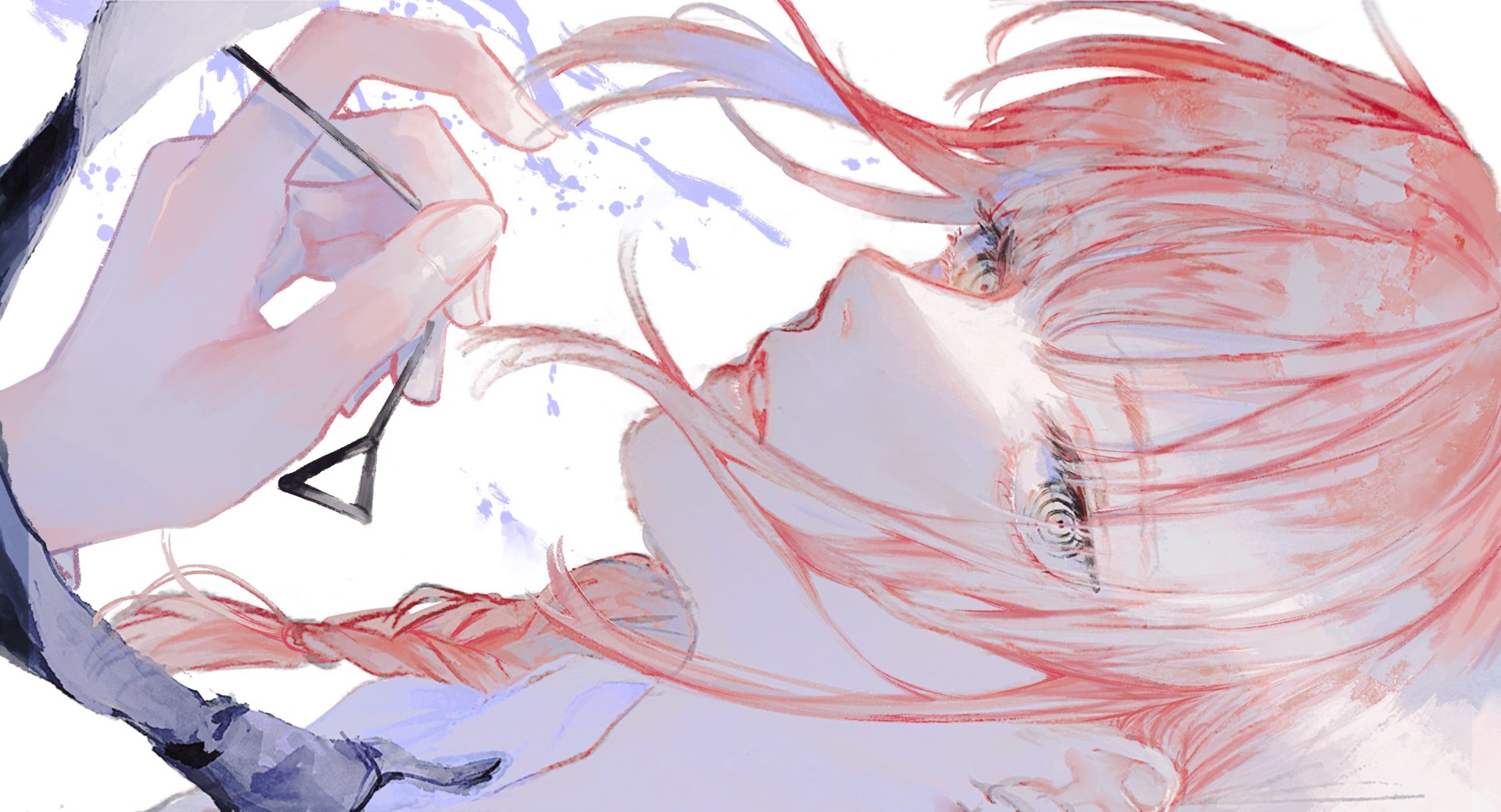 HD PC desktop wallpaper featuring Makima from the anime Chainsaw Man, with soft pastel colors and detailed linework highlighting her face and flowing hair.