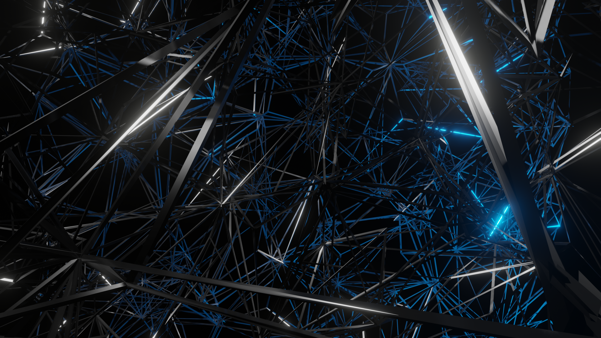 Abstract 3D 4K Ultra HD PC desktop wallpaper: dark metallic lattice of intersecting rods with glowing blue, neural-like filaments weaving through the structure.