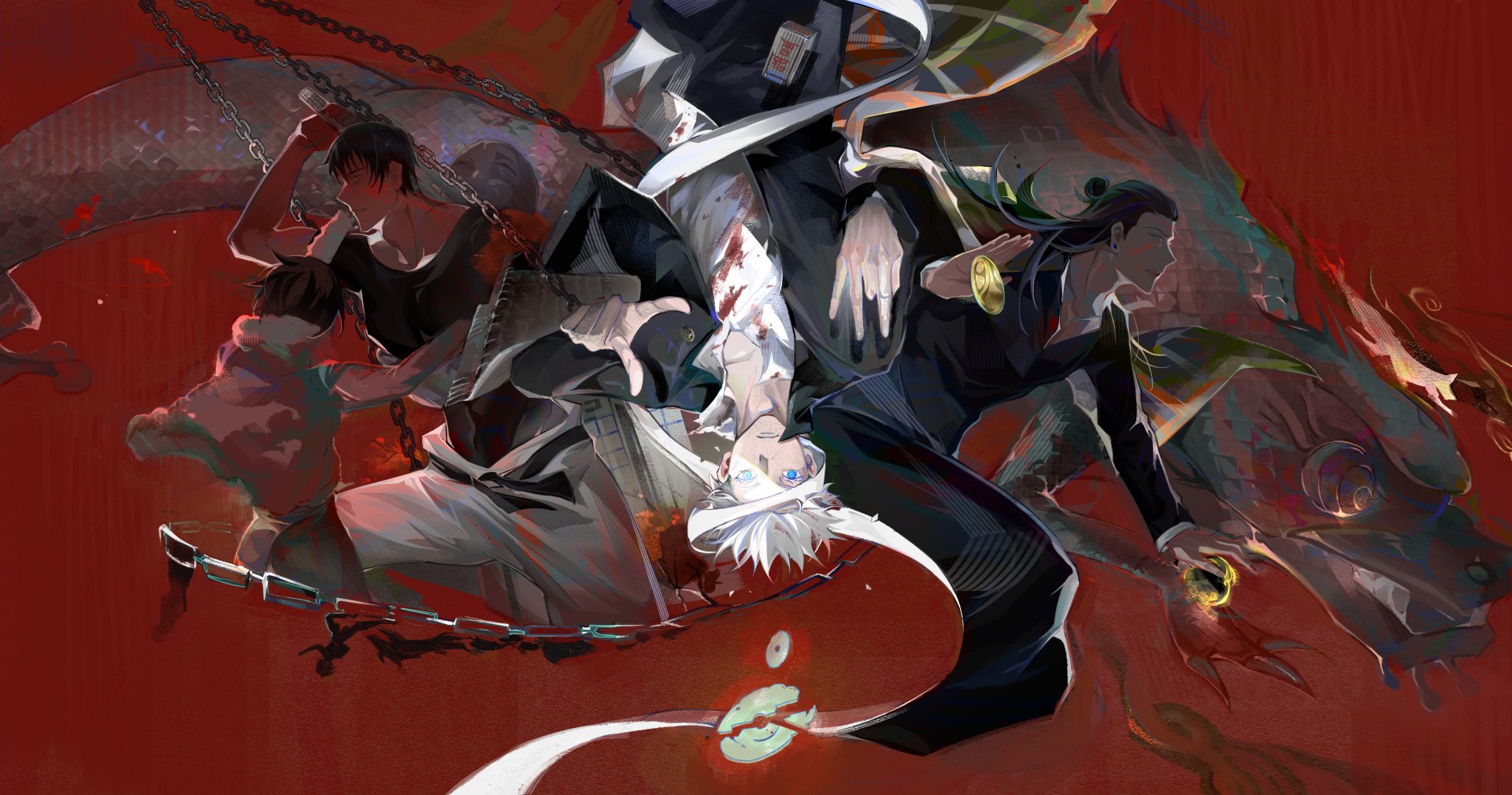 A dynamic 4K Ultra HD anime wallpaper featuring Satoru Gojo, Suguru Geto, and Megumi Fushiguro from Jujutsu Kaisen, showcasing Gojo & Geto in intense action.