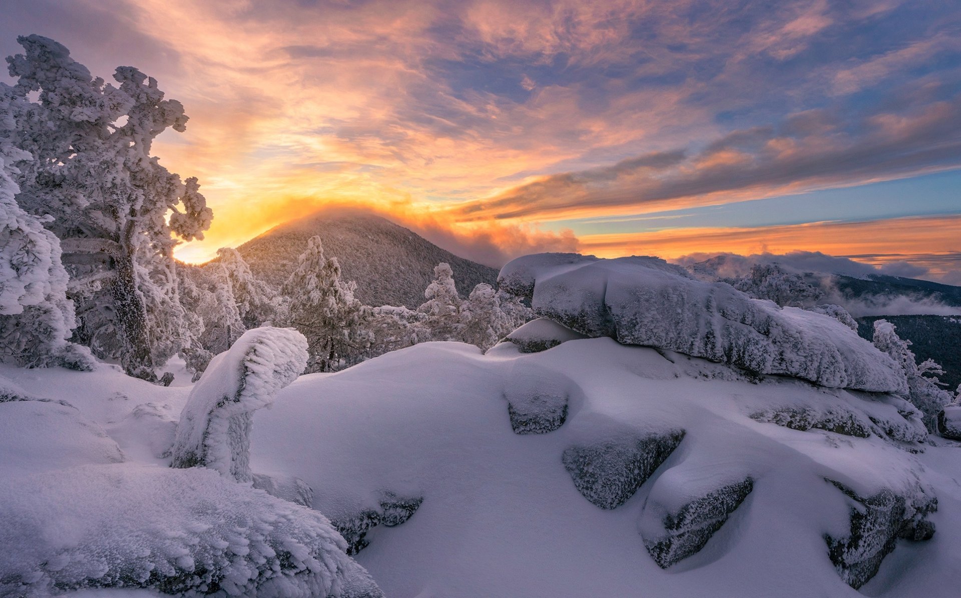 Download Nature Mountain Sunset Snow Winter HD Wallpaper