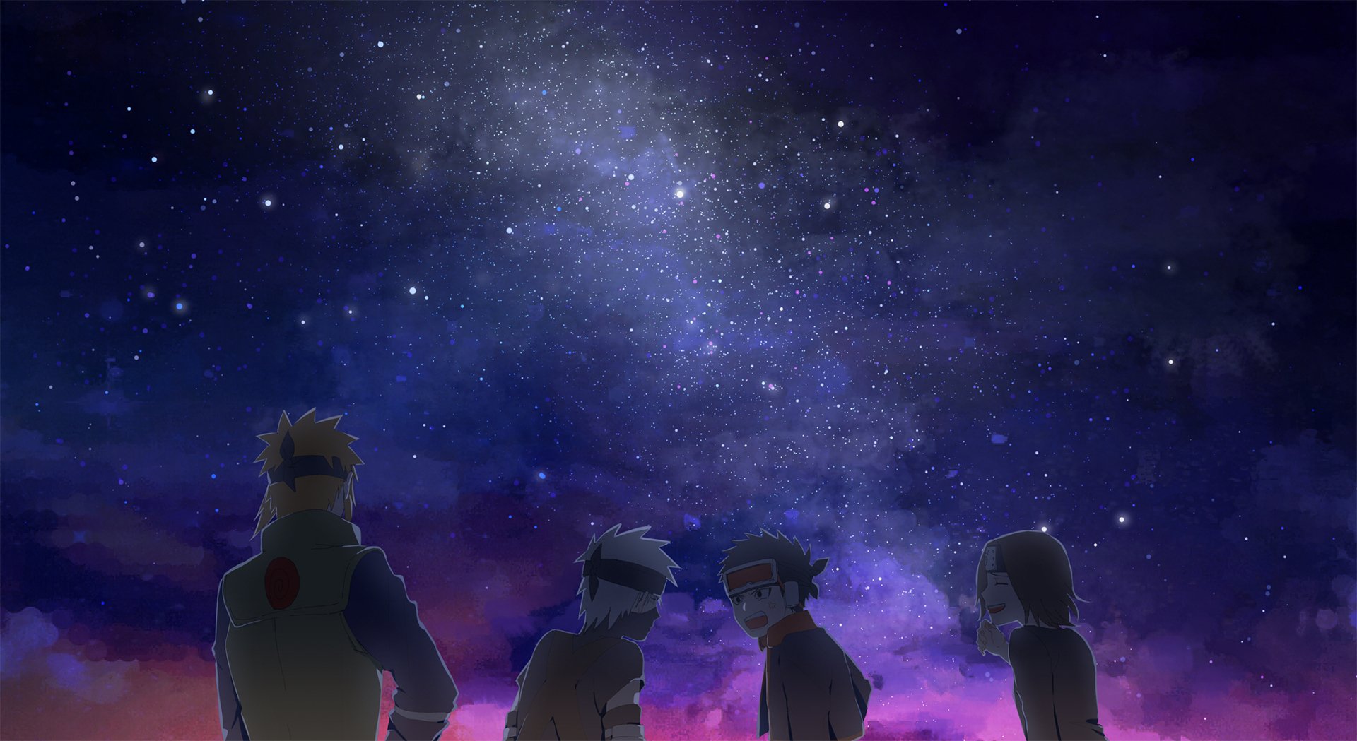 HD anime wallpaper featuring Rin Nohara, Obito Uchiha, Kakashi Hatake, and Minato Namikaze looking at a starry night sky from Naruto.