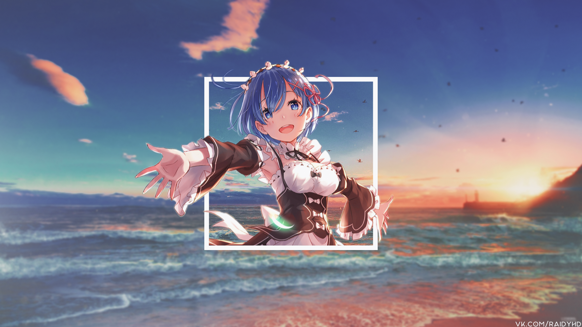 HD PC desktop wallpaper featuring Rem from Re:Zero - Starting Life in Another World in an anime-style picture-in-picture design against a vibrant ocean sunset background.