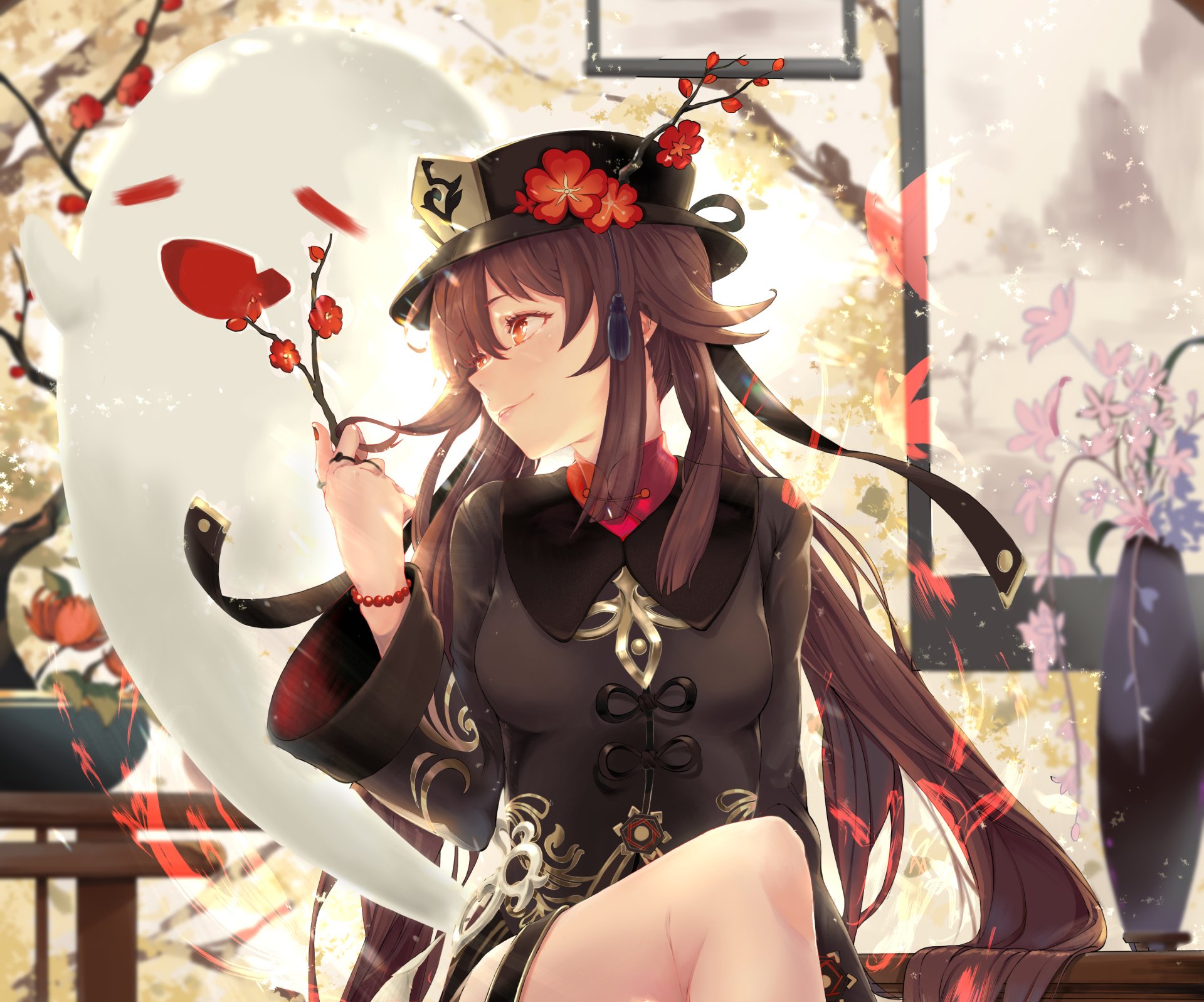 Hu Tao (Genshin Impact) in a 2K Quad HD PC desktop wallpaper: wearing her dark ceremonial outfit, holding a red blossom against a moonlit, floral backdrop.