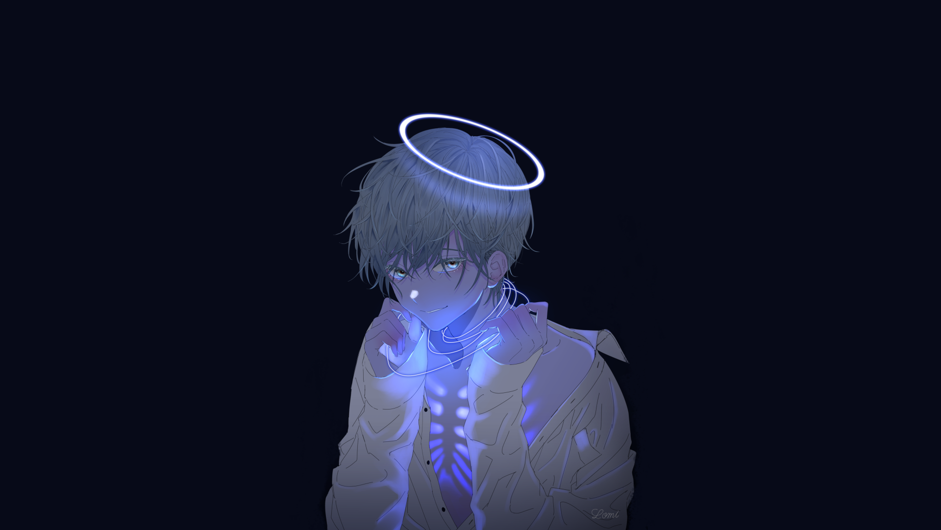 HD PC desktop wallpaper featuring an anime boy with pale hair, a glowing blue halo and luminescent jacket casting neon light on a dark background.