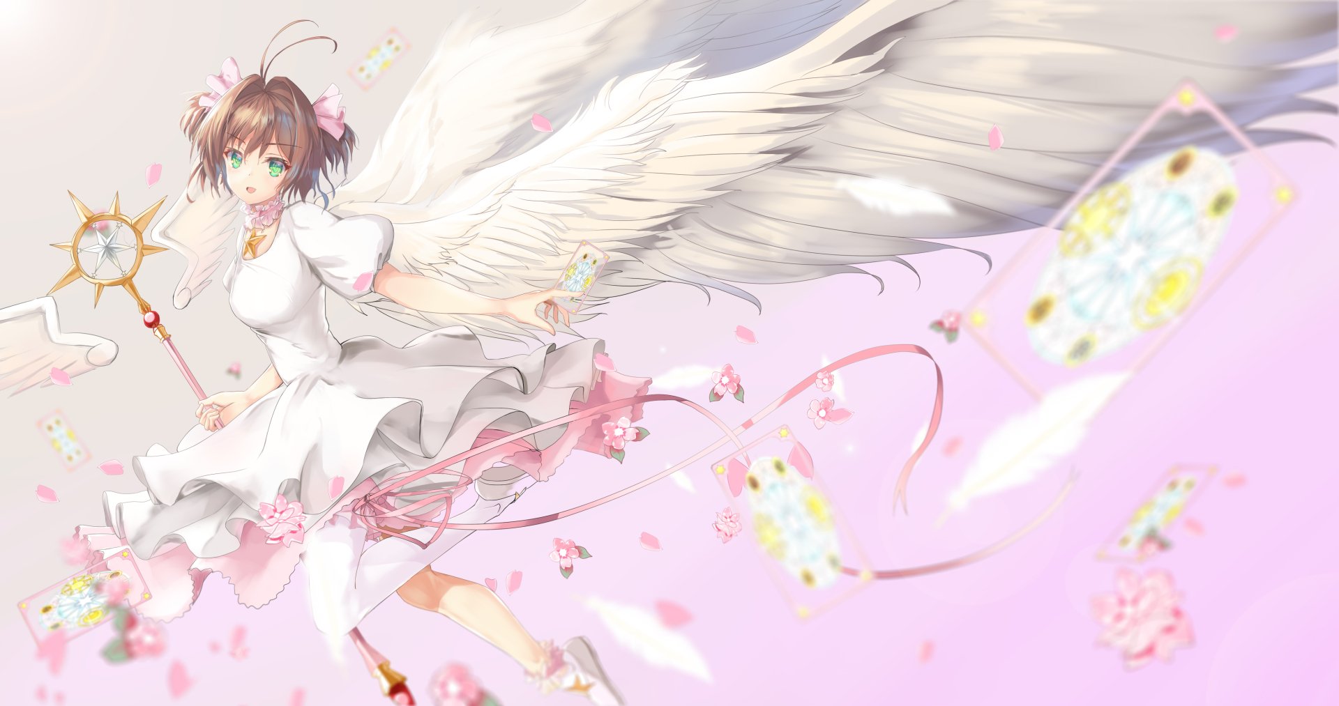 4K Ultra HD PC desktop wallpaper of Sakura Kinomoto from Cardcaptor Sakura: anime scene of her in a white dress with angel wings, holding her staff amid ribbons and falling cherry petals.